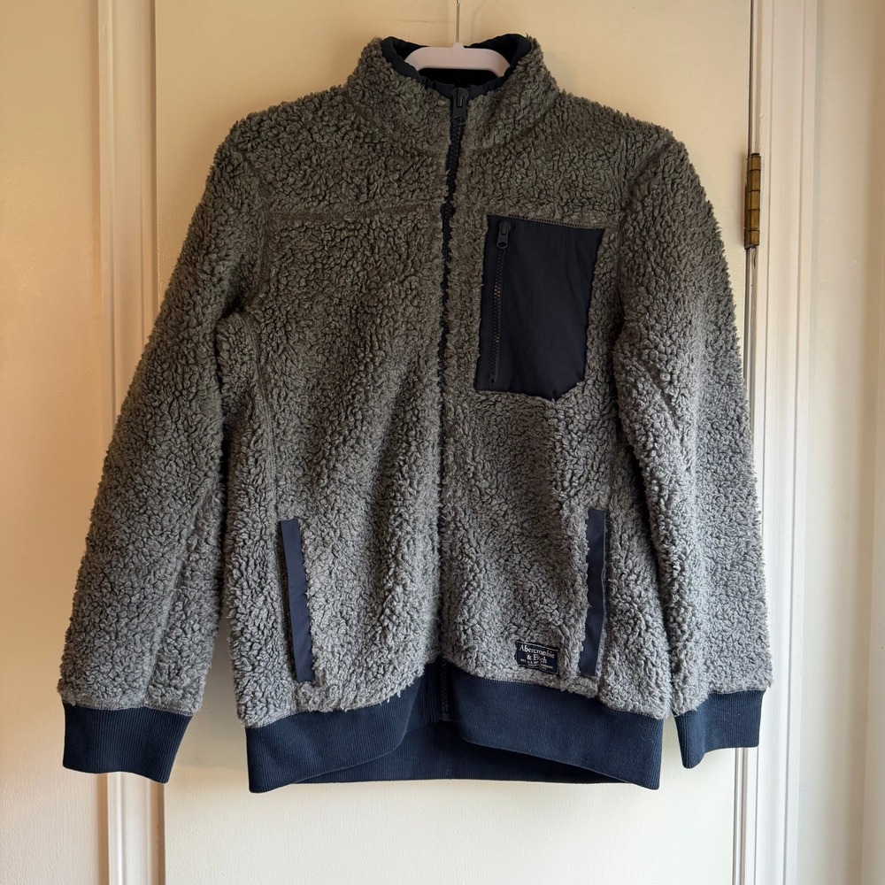 Abercrombie & Fitch Olive Green Sherpa Zip-Up Jacket with Black Trim